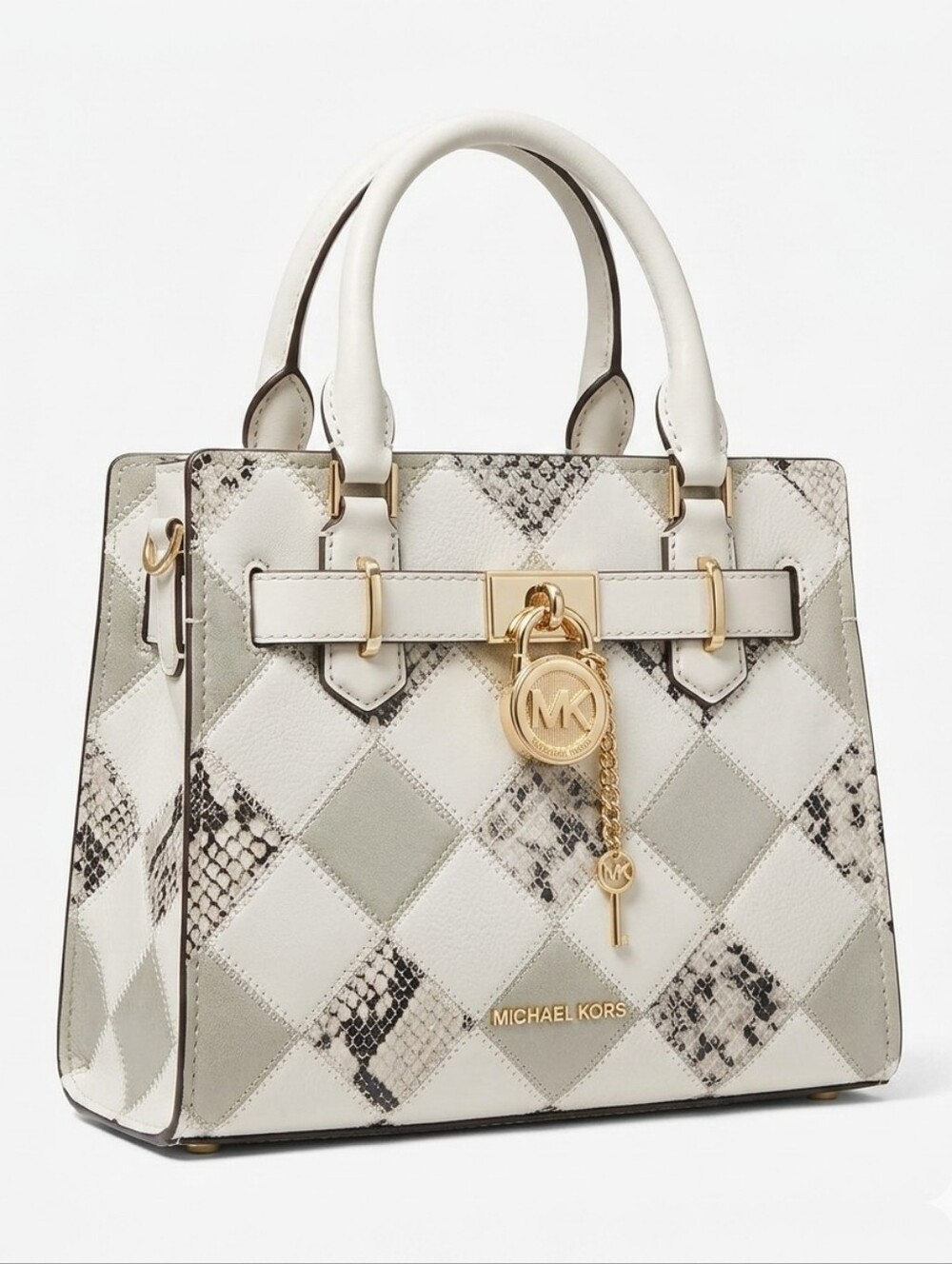 MICHAEL KORS HAMILTON SMALL SATCHEL KEY LOCK PATCHWORK NATURAL SNAKE PRINT Cream